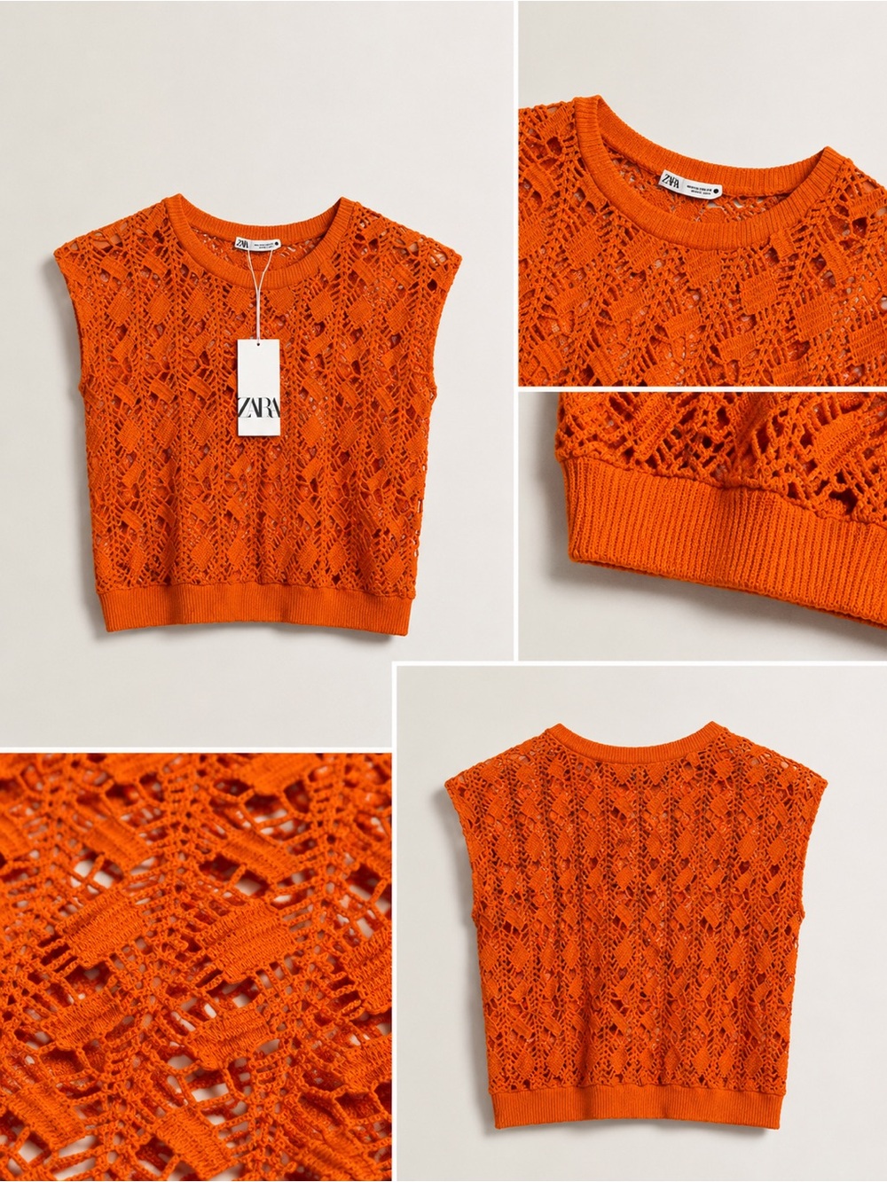 ZARA Bright Orange Crochet Knit Sleeveless Sweater Top
